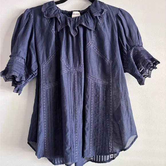 Zadig & Voltaire Tupel Embroidered Pleated Puff Sleeve top, small, navy blue. - Picture 1 of 7